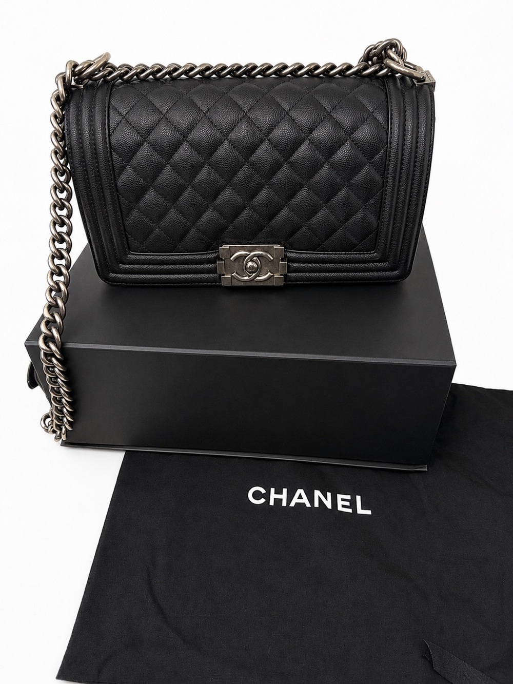 CHANEL Black Quilted Boy Bag with Silver Hardware